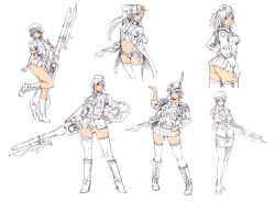Rule 34 | 6+girls, absurdres, arm up, ass, bayonet, beret, boots, bottomless, character sheet, coat, feathers, garrison cap, glasses, gloves, goggles, gun, hand on own hip, hat, helmet, high heels, highres, hip focus, huge weapon, knee boots, knife, legs, long hair, looking back, microskirt, military, military uniform, miniskirt, monochrome, multiple girls, nida schuetlitch, no panties, no pants, non-web source, panties, pantyhose, partially colored, peaked cap, rifle, short hair, shuraki, sketch, skirt, sleeves rolled up, smile, standing, standing on one leg, thighhighs, trench coat, underwear, uniform, weapon, wild flower, yamashita shun&#039;ya, zettai ryouiki