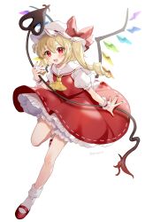Rule 34 | 1girl, :d, absurdres, ascot, blonde hair, bloomers, bow, commentary request, crystal, fang, flandre scarlet, full body, hat, hat bow, highres, laevatein (touhou), long hair, mary janes, mob cap, nail polish, open mouth, paragasu (parags112), petticoat, pointy ears, puffy short sleeves, puffy sleeves, red bow, red eyes, red footwear, red nails, red vest, shirt, shoes, short sleeves, side ponytail, simple background, smile, socks, solo, touhou, twitter username, underwear, vest, white background, white hat, white shirt, white socks, wings, wrist cuffs, yellow ascot