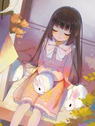 Rule 34 | 1girl, absurdres, animal, animal on lap, black hair, blush, bow, bowtie, bush, collared shirt, closed eyes, feet out of frame, floral print, frilled shirt collar, frilled skirt, frills, highres, hime cut, houraisan kaguya, housulu, long hair, long sleeves, on lap, pink shirt, pink skirt, porch, rabbit, shirt, shirt bow, sitting, skirt, smile, solo, symbol-only commentary, touhou, white bow