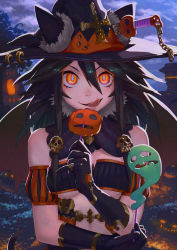 Rule 34 | 1girl, absurdres, bad id, bad pixiv id, black gloves, black hair, candy, food, gloves, halloween, hat, highres, licking lips, lollipop, long hair, looking at viewer, mimitoke, orange hair, original, solo, tongue, tongue out