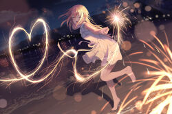 Rule 34 | 1girl, :d, ^ ^, absurdres, bare arms, bare shoulders, barefoot, beach, blonde hair, braid, cac itinose, closed eyes, cloud, commentary request, dress, facing viewer, feet, fireworks, flower, hair between eyes, hair flower, hair ornament, heart, highres, holding, holding fireworks, legs, long hair, night, night sky, open mouth, orange flower, original, outdoors, sand, senkou hanabi, sky, sleeveless, sleeveless dress, smile, solo, sparkler, standing, standing on one leg, tiptoes, toes, very long hair, water, white dress