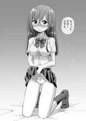 Rule 34 | 1girl, bed sheet, blush, bow, bow panties, bowtie, clothes lift, commentary, dress shirt, full body, glasses, greyscale, half-closed eyes, highres, kneeling, lifted by self, light frown, long hair, looking at viewer, monochrome, on bed, open mouth, original, panties, round eyewear, school uniform, shadow, shirt, short sleeves, skirt, skirt lift, socks, solo, straight hair, takeuchi motoki, translated, underwear, wing collar
