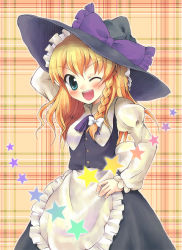 Rule 34 | 1girl, ;d, apron, arm up, black hat, black skirt, black vest, blonde hair, blue eyes, bow, braid, eyebrows, female focus, frilled apron, frills, hair between eyes, hair bow, hand on own hip, hat, hat bow, kirisame marisa, kuguri oimo, long hair, long sleeves, looking at viewer, neck ribbon, one eye closed, open mouth, plaid, plaid background, puffy long sleeves, puffy sleeves, purple bow, purple ribbon, ribbon, shirt, skirt, smile, solo, star (symbol), touhou, vest, waist apron, white apron, white bow, white shirt, witch hat