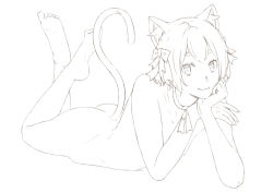 Rule 34 | 10s, 1boy, :3, animal ears, arm support, ass, barefoot, blush, bob cut, bolo tie, bow, cat boy, cat ears, cat tail, choker, closed mouth, collarbone, commentary request, completely nude, eyelashes, feet, feet up, felix argyle, fingernails, full body, h-itokuzo, hair bow, hair ribbon, head rest, jewelry, lineart, looking at viewer, lying, male focus, monochrome, nipples, nude, on stomach, parted bangs, pendant, plantar flexion, raised eyebrows, re:zero kara hajimeru isekai seikatsu, ribbon, shiny skin, short eyebrows, short hair, simple background, smile, soles, solo, striped ribbon, tail, the pose, thick eyebrows, trap, unfinished