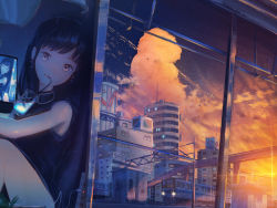 Rule 34 | 1girl, aircraft, airplane, bird, black hair, bridge, building, city, cloud, commentary, dark, diffraction spikes, drink, drinking, drinking straw, earrings, electrical outlet, eyelashes, glass, head tilt, highres, ice, indoors, jewelry, kenzo 093, leaning back, long hair, looking at viewer, looking to the side, mandarin collar, no pants, original, scenery, shirt, sitting, sky, sleeveless, sleeveless shirt, star (sky), sunset, train, window