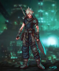 Rule 34 | 1boy, alternate costume, arm belt, armor, artist name, bag, baggy pants, bandaged arm, bandages, belt, belt pouch, blonde hair, blue eyes, blue pants, blue shirt, blurry, blurry background, boots, brown footwear, buckle, buster sword, chainmail, city, city lights, closed mouth, cloud strife, earrings, final fantasy, final fantasy vii, final fantasy vii remake, fingerless gloves, full body, gloves, greatsword, guillem dauden, hair over one eye, highres, jewelry, knee pads, leg belt, looking at viewer, medieval, multiple belts, pants, pauldrons, pouch, satchel, shirt, short sleeves, shoulder armor, single knee pad, single pauldron, spiked hair, studded gloves, sword, weapon, weapon on back
