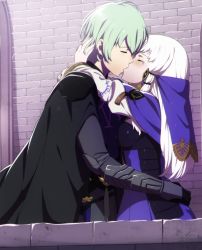 Rule 34 | 1boy, 1girl, arm around waist, arms around neck, black cape, black gloves, breast press, breasts, byleth (fire emblem), byleth (male) (fire emblem), cape, closed eyes, couple, dannex009, day, fire emblem, fire emblem: three houses, from side, gloves, green hair, hetero, kiss, long hair, lysithea von ordelia, nintendo, outdoors, profile, small breasts, white hair