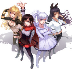Rule 34 | 4girls, black hair, blake belladonna, blonde hair, bojue yu yaojing 695657, boots, bow, breasts, cape, cleavage, dress, hair bow, jewelry, large breasts, long hair, lots of jewelry, multiple girls, navel, one eye closed, outstretched arm, pantyhose, ponytail, red hair, ruby rose, rwby, short hair, side ponytail, smile, thigh boots, thighhighs, weiss schnee, white hair, yang xiao long, yellow eyes