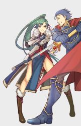 Rule 34 | 1boy, 1girl, armor, axe, bad id, bad twitter id, blue hair, boots, cape, coat, elbow gloves, fire emblem, fire emblem: the blazing blade, fur coat, gloves, green hair, grey background, hector (fire emblem), holding, holding sword, holding weapon, kyou (ningiou), long hair, lyn (fire emblem), nintendo, ponytail, simple background, smile, sword, weapon