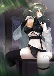 1girl :d absurdres antenna_hair arknights bare_arms bare_shoulders bikini black_bikini breasts commentary_request cup drinking_glass drinking_straw gavial_(arknights) green_hair hair_between_eyes hand_up highres holding holding_cup kolaytoh long_hair looking_away looking_to_the_side medium_breasts navel official_alternate_costume open_mouth orange_eyes pointy_ears sitting smile solo stomach swimsuit tail teeth thighs upper_teeth_only visor_cap