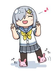 Rule 34 | 1girl, animal slippers, black pantyhose, bunny slippers, commentary request, double v, eighth note, closed eyes, facing viewer, grey sailor collar, grey skirt, hair ornament, hair over one eye, hairclip, hama! (3toshinhmkz), hamakaze (kancolle), kantai collection, musical note, neckerchief, no nose, pantyhose, pleated skirt, sailor collar, school uniform, serafuku, short hair, silver hair, simple background, skirt, slippers, solo, v, white background, yellow neckerchief