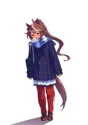 Rule 34 | 1girl, = =, absurdres, animal ears, bag, blue bag, blue coat, blue scarf, blush stickers, bow, brown footwear, brown hair, buttons, closed eyes, coat, cold, commentary request, double-breasted, ear ornament, full body, hair between eyes, hair bow, hair ornament, highres, horse ears, horse girl, horse tail, loafers, long hair, multicolored hair, pants, pink bow, pleated skirt, ponytail, purple thighhighs, scarf, school bag, senchan 7, shadow, shoes, shoulder bag, simple background, skirt, solo, streaked hair, tail, thighhighs, tokai teio (umamusume), tracen winter coat, track pants, umamusume, v-shaped eyebrows, visible air, white background, white hair, winter clothes, winter coat
