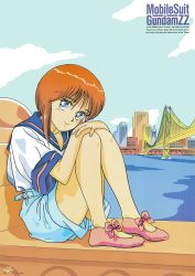 Rule 34 | 1980s (style), 1girl, blue eyes, city, copyright name, day, elpeo puru, gundam, gundam zz, hands on own knees, highres, knees up, legs folded, looking at viewer, non-web source, official art, oldschool, onda naoyuki, orange hair, outdoors, own hands together, pink footwear, retro artstyle, sailor collar, short hair, short sleeves, shorts, sitting, solo, water
