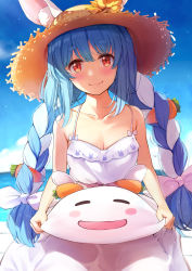 Rule 34 | 1girl, bare arms, bare shoulders, blue hair, blue sky, blush, bow, braid, breasts, brown hat, carrot hair ornament, cleavage, closed mouth, day, dress, ears through headwear, food-themed hair ornament, hair bow, hair ornament, hat, highres, hololive, long hair, looking at viewer, medium breasts, nira (vira), pekomon (usada pekora), red eyes, short eyebrows, sky, sleeveless, sleeveless dress, smile, solo, spaghetti strap, straw hat, sun hat, sundress, thick eyebrows, twin braids, twintails, usada pekora, very long hair, virtual youtuber, white bow, white dress, white hair