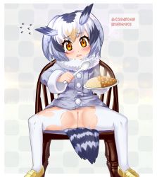 Rule 34 | 10s, 1girl, blush, curry, food, full body, kemono friends, northern white-faced owl (kemono friends), pantyhose, pov, pussy, rice, sitting, spread legs, tan, tanline, torn clothes, torn legwear, uncensored