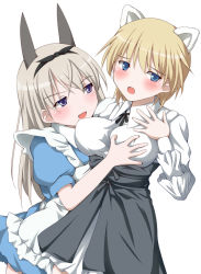 Rule 34 | 10s, 2girls, :d, animal ears, blonde hair, blue eyes, brave witches, breasts, eila ilmatar juutilainen, grabbing, grabbing another&#039;s breast, joney, large breasts, long hair, multiple girls, nikka edvardine katajainen, open mouth, purple eyes, short hair, simple background, smile, strike witches, white background, world witches series, yuri