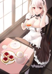 Rule 34 | 1girl, absurdres, apron, azur lane, black hairband, breasts, brown dress, choker, cleavage, collar, cup, dress, framed breasts, frilled dress, frills, from above, hairband, hand in own hair, highres, holding, holding cup, indoors, large breasts, looking at viewer, medium hair, metal collar, oshida bob, plate, puffy short sleeves, puffy sleeves, red eyes, round table, short sleeves, sirius (azur lane), solo, table, teacup, teapot, white apron, white hair, wooden chair, wooden floor, wooden table