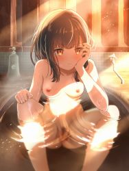 Rule 34 | 1girl, bath, bathing, blush, breasts, brown eyes, brown hair, cleft of venus, collarbone, completely nude, elbow on knee, female pubic hair, frown, groin, hand on own cheek, hand on own face, hand on own knee, hand up, highres, indoors, knees up, light particles, looking away, nipples, nude, original, partially submerged, pubic hair, pussy, ripples, sitting, small breasts, soap bottle, solo, spread legs, sunlight, tachiinu, uncensored, water, wet