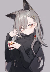 Rule 34 | 1girl, absurdres, alcohol, animal ear fluff, animal ears, arknights, bell, belt, belt buckle, beudelb, black belt, black dress, black sweater, blush, braid, breasts, buckle, closed mouth, commentary request, cowboy shot, crossed bangs, cup, dress, drink, drinking glass, drunk, earclip, earrings, eyeliner, food, from side, fruit, glass, gluhwein, grey background, grey hair, hair between eyes, hair ornament, hair over one eye, hair tie, hairclip, hand in own hair, hands up, head tilt, high collar, highres, holding, holding cup, holding drink, jewelry, jingle bell, lemon, lemon slice, long bangs, long hair, long sleeves, looking at viewer, looking to the side, low-tied long hair, low ponytail, low side ponytail, makeup, medium breasts, mole, mole above eye, mulled wine, official alternate costume, parted bangs, penance (arknights), penance (occasionally flushed) (arknights), ponytail, red eyeliner, red wine, shadow, side ponytail, simple background, single braid, single earring, solo, straight hair, sweater, sweater dress, turtleneck, turtleneck dress, turtleneck sweater, very long hair, wine, wolf ears, wolf girl, yellow eyes
