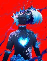 Rule 34 | 1girl, :q, absurdres, black skin, blue eyes, blue flower, blue heart, colored skin, commentary request, disembodied hand, fapka, flower, heart, heart on chest, highres, looking at viewer, original, red background, solo, tongue, tongue out