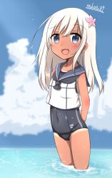 Rule 34 | 1girl, black neckerchief, black one-piece swimsuit, blue eyes, blue sailor collar, blue sky, cloud, covered navel, crop top, day, flower, hair flower, hair ornament, highres, horizon, kantai collection, looking at viewer, neckerchief, ocean, one-piece swimsuit, one-piece tan, outdoors, rakuto89, ro-500 (kancolle), sailor collar, school swimsuit, shirt, sky, sleeveless, sleeveless shirt, soaking feet, solo, swimsuit, swimsuit under clothes, tan, tanline, water, white hair