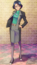 Rule 34 | 1girl, absurdres, amawa kazuhiro, arm behind back, belt, black eyes, black footwear, black hair, earrings, formal, frown, full body, glasses, go! princess precure, green shirt, grey jacket, grey skirt, hand on own hip, high heels, highres, jacket, jewelry, looking at viewer, necklace, open clothes, open jacket, pantyhose, pencil skirt, precure, pumps, shirt, shoes, short hair, skirt, skirt suit, solo, standing, suit, tachi kyouko
