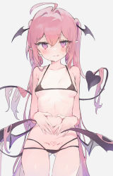 Rule 34 | 1girl, :q, absurdres, ahoge, armpit crease, bikini, black bikini, black tail, black wings, blush, breasts, collarbone, come hither, cowboy shot, demon girl, demon tail, demon wings, dot nose, furrowed brow, gluteal fold, grey background, hair between eyes, hair flowing over, hair intakes, halterneck, hands on own stomach, head wings, heart, heart hands, heart tattoo, highres, licking lips, long hair, looking at viewer, low wings, micro bikini, mini wings, multi-strapped bikini, multiple wings, naughty face, navel, original, otintin, pointy ears, pubic tattoo, purple eyes, sexually suggestive, simple background, skindentation, small breasts, smile, solo, split mouth, standing, stomach, string bikini, sweat, swimsuit, tail, tattoo, thigh gap, tongue, tongue out, twintails, uterus pose, very long hair, wings, yonic symbol