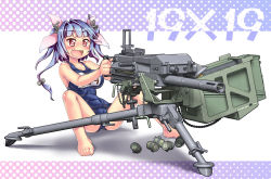 Rule 34 | 10s, 1girl, 40mm grenade, 40x53mm hv, 40x53mm hv hedp m430, :d, aiming, ammunition, ammunition belt, ammunition box, anti-materiel cartridge, automatic grenade launcher, barefoot, belt-fed, blue hair, cannon cartridge, crew-served weapon, dual-purpose cartridge, explosive, fang, grenade, grenade cartridge, grenade casing, grenade launcher, hair ornament, hair ribbon, hase yu, heart, heart-shaped pupils, high-explosive anti-tank (warhead), high-explosive cartridge, high-explosive dual-purpose cartridge, high-low system, i-19 (kancolle), kantai collection, large-caliber cartridge, mk 19 grenade launcher, name connection, name tag, object namesake, open mouth, red eyes, ribbon, school swimsuit, shell casing, sitting, smile, solo, swimsuit, symbol-shaped pupils, tri tails, weapon