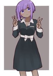 Rule 34 | 1girl, alternate costume, black dress, blush, brown background, closed mouth, collared dress, cowboy shot, dark-skinned female, dark skin, double v, dress, fate/prototype, fate/prototype: fragments of blue and silver, fate (series), hair between eyes, hands up, hassan of serenity (fate), head tilt, i.u.y, long sleeves, purple eyes, purple hair, sidelocks, smile, solo, two-tone background, v, white background