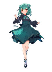 Rule 34 | 1girl, alternate costume, aqua nails, black footwear, black shirt, blue hair, blush, bow, bowtie, breasts, closed mouth, double bun, frilled sleeves, frills, full body, gradient hair, green bow, green bowtie, green hair, green skirt, hair bun, hair ornament, hana mori, high-waist skirt, highres, hololive, long sleeves, looking at viewer, multicolored hair, nail polish, red eyes, shirt, shoes, short hair, simple background, skirt, skull hair ornament, small breasts, smile, socks, solo, standing, standing on one leg, two-tone hair, uruha rushia, virtual youtuber, white background, white socks