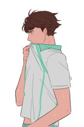 Rule 34 | 1boy, aoba johsai volleyball uniform, arm up, brown eyes, brown hair, closed mouth, clothes lift, collared shirt, com (com0107), commentary, haikyuu!!, highres, hot, looking ahead, male focus, midriff peek, multicolored clothes, multicolored shirt, oikawa tooru (haikyuu!!), shirt, shirt lift, simple background, solo, sportswear, sweat, sweatdrop, upper body, volleyball uniform, white background, wiping face