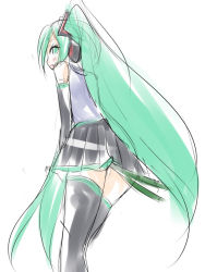 Rule 34 | aqua eyes, aqua hair, black skirt, blush, detached sleeves, embarrassed, food, from behind, grey shirt, hatsune miku, headphones, kuro (be ok), long hair, looking back, matching hair/eyes, miniskirt, object insertion, open mouth, pleated skirt, shirt, simple background, sketch, skirt, sleeveless, spring onion, thighhighs, thighs, twintails, very long hair, vocaloid, white background, zettai ryouiki