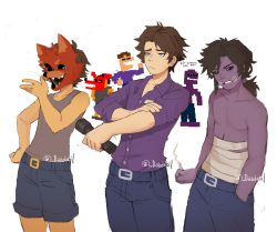 Rule 34 | 1boy, age progression, aged down, bandages, black sclera, blouse, blue eyes, brown hair, colored sclera, colored skin, crying child&#039;s brother (fnaf), dabi bill, five nights at freddy&#039;s, five nights at freddy&#039;s: sister location, five nights at freddy&#039;s 4, flashlight, fox mask, freddy fazbear&#039;s pizzeria simulator, glasgow smile, highres, holding, holding flashlight, mask, mask on head, michael afton, multiple persona, purple shirt, purple skin, shirt, short hair, shorts, spoilers, stitched face, stitches, tank top