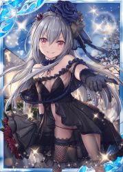 Rule 34 | 1girl, akkijin, bare shoulders, black dress, blue flower, blue rose, bouquet, breasts, church, cleavage, collarbone, crimson eyes (shinkai no valkyrie), dress, flower, garter straps, grey hair, hair flower, hair ornament, holding, looking at viewer, night, official art, outdoors, red eyes, red flower, red rose, rose, shinkai no valkyrie, small breasts, underwear, wedding dress