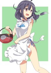 Rule 34 | 10s, 1girl, :d, ahoge, animal print, apron, bare legs, blue one-piece swimsuit, bow, fish print, flipped hair, floating hair, frilled apron, frills, from side, gradient hair, green background, grey hair, hair over shoulder, happy, holding, kantai collection, ladle, long hair, looking to the side, low twintails, multicolored hair, one-piece swimsuit, open mouth, pot, purple eyes, scrunchie, shimouki izui, smile, solo, standing, swimsuit, swimsuit under clothes, taigei (kancolle), twintails, whale print