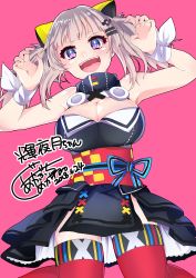 Rule 34 | 1girl, :d, akabuchi megane, animal ears, black kimono, blue eyes, blue ribbon, blunt bangs, bow, breasts, cat ears, claw pose, cleavage, cleavage cutout, clothing cutout, cowboy shot, cross-laced clothes, d-pad, d-pad hair ornament, dated, fake animal ears, fangs, hair ornament, hairclip, highres, japanese clothes, kaguya luna, kimono, large breasts, looking at viewer, obi, open mouth, pink background, red thighhighs, ribbon, sash, short kimono, short twintails, sitting, sleeveless, sleeveless kimono, smile, solo, star-shaped pupils, star (symbol), symbol-shaped pupils, the moon studio, thighhighs, tongue, turtleneck, twintails, virtual youtuber, wariza, white bow, white hair, wrist straps, zettai ryouiki