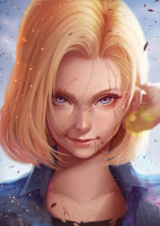 Rule 34 | 1girl, android 18, black shirt, blonde hair, blue eyes, blue jacket, blurry, closed mouth, collarbone, depth of field, dragon ball, dragon ball z, dragonball z, earrings, hand up, injury, jacket, jewelry, lens flare, light particles, looking at viewer, magion02, open clothes, open jacket, portrait, realistic, red lips, shirt, short hair, signature, smile, solo, thick eyebrows, upper body, wing collar