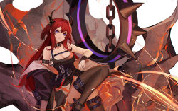 Rule 34 | 1girl, arknights, armband, bare shoulders, black dress, black thighhighs, breasts, chain, cleavage, commentary request, demon girl, dress, eternity (shadeh), highres, horns, long hair, medium breasts, purple eyes, red hair, solo, surtr (arknights), thigh strap, thighhighs, thighs, very long hair, white background, wristband