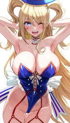 Rule 34 | 1girl, armpits, arms behind head, azur lane, bare shoulders, blonde hair, blue hat, blue leotard, breasts, cleavage, commentary, cowboy shot, groin, guam (azur lane), guam (stage-setting charmer) (azur lane), hat, heart, highleg, highleg leotard, highres, large breasts, leotard, long hair, looking at viewer, official alternate costume, one eye closed, open mouth, simple background, skindentation, solo, strapless, strapless leotard, symbol-shaped pupils, teeth, thigh gap, thighs, two side up, uenoryoma, upper teeth only, very long hair, white background