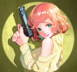Rule 34 | 1girl, character request, clothing cutout, female focus, green eyes, gun, highres, holding, holding gun, holding weapon, lips, looking away, moroi, nail polish, orange hair, pink nails, shoulder cutout, spotlight, sweater, weapon, yellow sweater