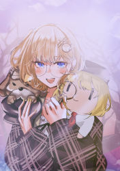 Rule 34 | 1girl, bad id, bad twitter id, blue eyes, blush, brown sweater, bubba (watson amelia), dog, glasses, hair behind ear, hair ornament, highres, hololive, hololive english, looking at viewer, nail polish, open mouth, plaid, plaid sweater, round eyewear, set7, short hair, smol ame, solo, stuffed toy, sweater, upper body, virtual youtuber, walfie (style), watson amelia, yellow nails