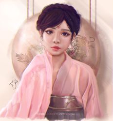 Rule 34 | 1girl, aleksandra jedrasik, artist name, black hair, brown eyes, chinese clothes, closed mouth, deviantart username, dragon, earrings, expressionless, japanese clothes, jewelry, kimono, looking at viewer, nose, pink kimono, short hair, signature, solo, upper body, watermark, web address, wide sleeves