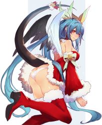 Rule 34 | 1girl, alternate costume, arc system works, ass, asymmetrical wings, bare shoulders, blue hair, blush, boots, breasts, butt crack, choker, christmas, commentary, detached sleeves, dizzy (guilty gear), english commentary, feathered wings, guilty gear, hair ribbon, hair rings, lace, lace-trimmed panties, lace trim, large breasts, lingerie, long hair, looking at viewer, nose blush, oro (sumakaita), panties, red choker, red eyes, red footwear, ribbon, solo, tail, tail ornament, thigh boots, thighhighs, twintails, underwear, very long hair, white panties, wings