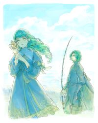 Rule 34 | 1boy, 1girl, aqua theme, blue sky, bucket, cloud, cloudy sky, crying, crying with eyes open, curly hair, dress, drill hair, father and daughter, feet out of frame, fire emblem, fire emblem: three houses, fishing rod, flayn (fire emblem), garreg mach monastery uniform, green eyes, green hair, hair ornament, hairclip, highres, holding, holding bucket, holding fishing rod, holding shell, limited palette, looking at viewer, nintendo, pointy ears, seashell, seteth (fire emblem), shell, sky, suzytookaflight, swept bangs, tears, turtleneck, twin drills