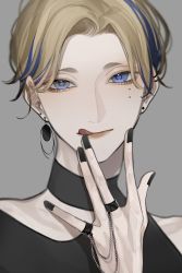 Rule 34 | 1boy, absurdres, mismatched earrings, black nails, blonde hair, blue eyes, blue hair, chain, choker, ear piercing, eyelashes, eyeliner, finger to mouth, grey background, hand up, harusame 021, highres, jewelry, licking lips, lipstick, makeup, mole, mole under eye, multicolored hair, nail polish, original, parted bangs, piercing, portrait, ring, short eyebrows, short hair, solo, streaked hair, tongue, tongue out