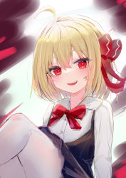 Rule 34 | 1girl, :d, absurdres, ahoge, alternate neckwear, black skirt, black vest, blonde hair, blush, bow, bowtie, darkness, flat chest, hair between eyes, hair bow, highres, knees up, long sleeves, lshiki, open mouth, red bow, red bowtie, rumia, shirt, short hair, simple background, sitting, skirt, smile, solo, teeth, thighs, touhou, upper teeth only, vest, white legwear, white shirt