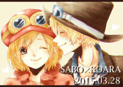 Rule 34 | 1boy, 1girl, blonde hair, character name, goggles, goggles on headwear, hat, koala (one piece), one piece, sabo (one piece), scar, smile