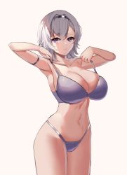 Rule 34 | 1girl, absurdres, armband, azur lane, bra, bra pull, breasts, cleavage, clothes pull, grey hair, hairband, highres, large breasts, maanu, navel, nervous, panties, purple bra, purple eyes, purple panties, reno (azur lane), short hair, simple background, swimsuit, thigh gap, thighs, underwear, white background