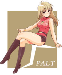 Rule 34 | 1girl, bare shoulders, boots, bracelet, brown eyes, brown hair, cosplay, crossed legs, high heels, jewelry, knee boots, legs, long hair, long legs, miniskirt, mireille bouquet, mireille bouquet (cosplay), moriguchi nao (naonao), naonao77, noir (anime), original, shoes, sitting, skirt, sleeveless, sleeveless turtleneck, smile, solo, sweater, thigh boots, thighhighs, thighs, turtleneck