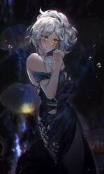 Rule 34 | 1girl, bare shoulders, blue dress, choker, commentary request, cowboy shot, dress, eternity (reverse:1999), highres, mofa shaonu dianfenchang, off-shoulder dress, off shoulder, reverse:1999, short hair, short sleeves, solo, standing, white hair, yellow eyes